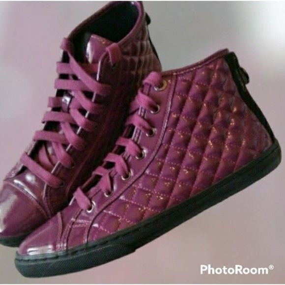 DIAMOND QUILTED LEATHER HIGH TOPS SNEAKERS PATENT PURPLE SZ 9 Women SZ 9 - Picture 2 of 11